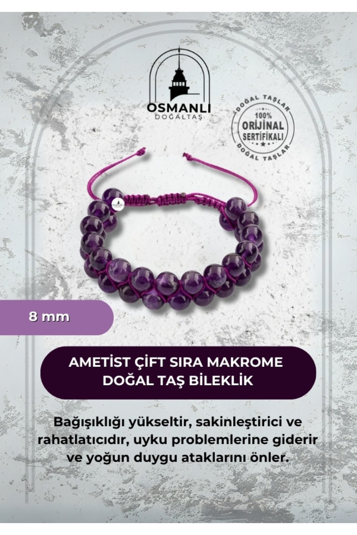 Ametist 8mm Çift Sıra Makrome Doğal Taş Bileklik