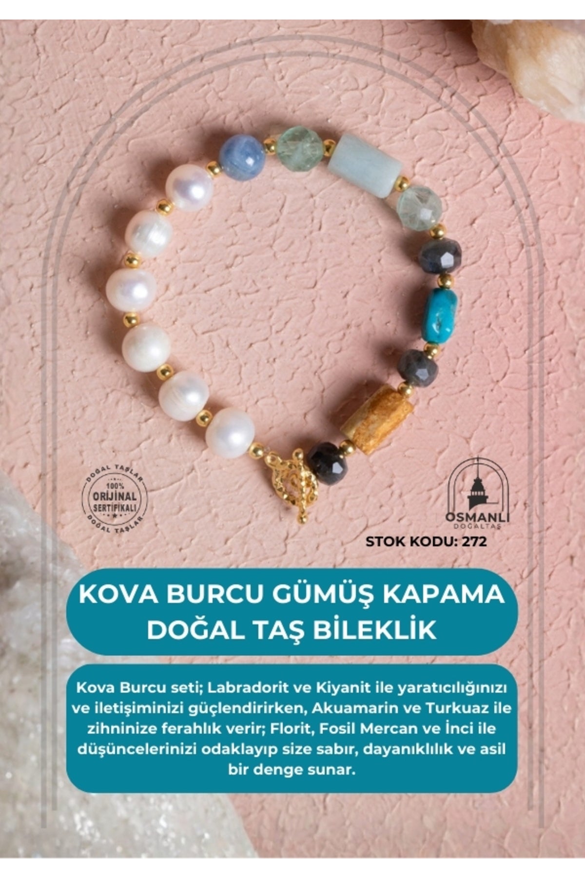 Sertifikalı Kova Burcu Gümüş Kapama Doğal Taş Bileklik (SK:272)