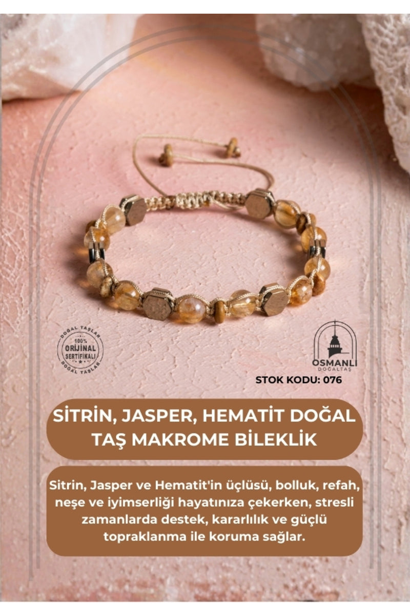 Sertifikalı Sitrin, Jasper, Hematit, Doğal Taş Makrome Bileklik (SK:076)