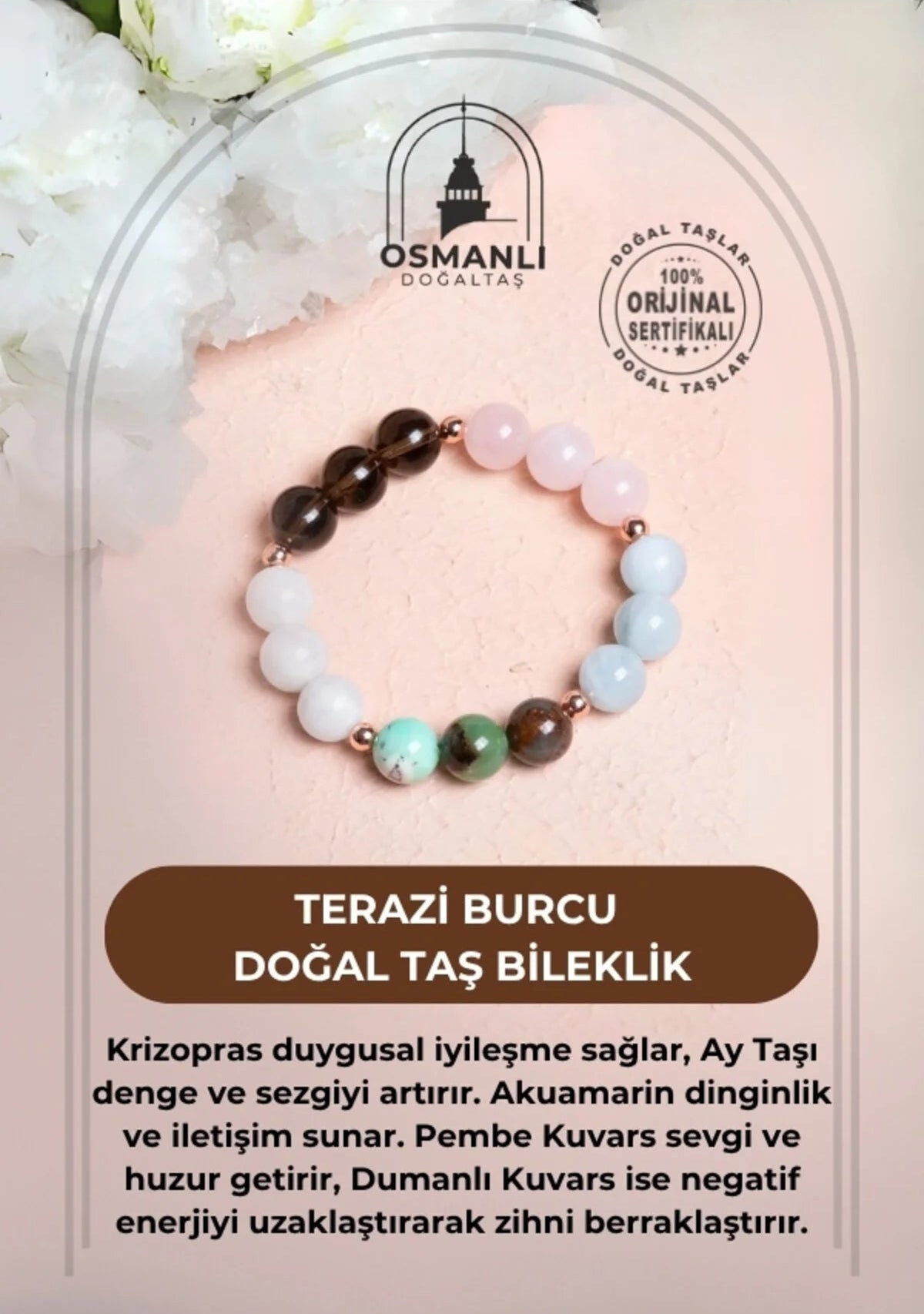 Sertifikalı Burç Doğal Taş Bileklik -Terazi Burcu