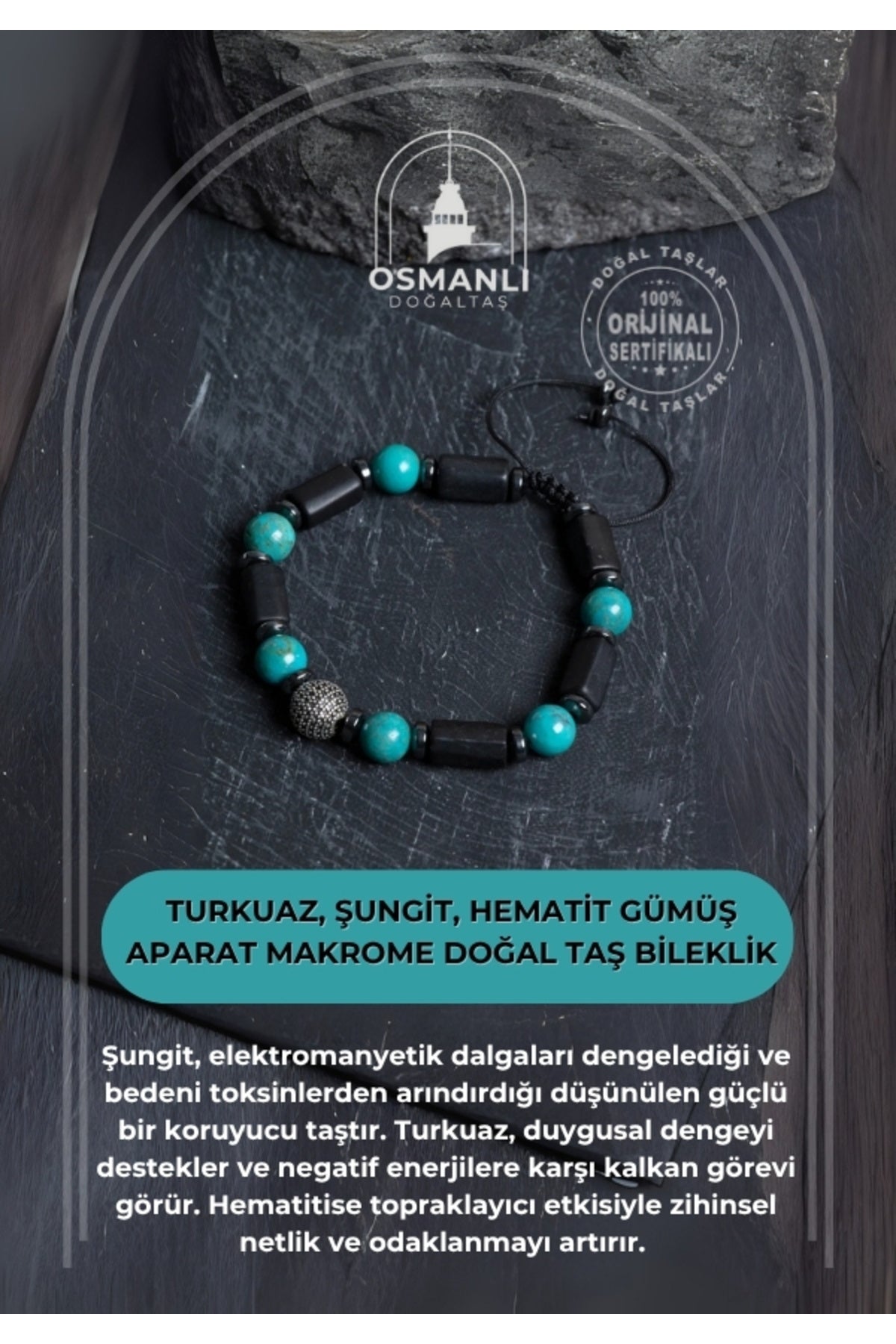 Sertifikalı Turkuaz, Şungit, Hematit Gümüş Aparat Makrome Doğal Taş Bileklik