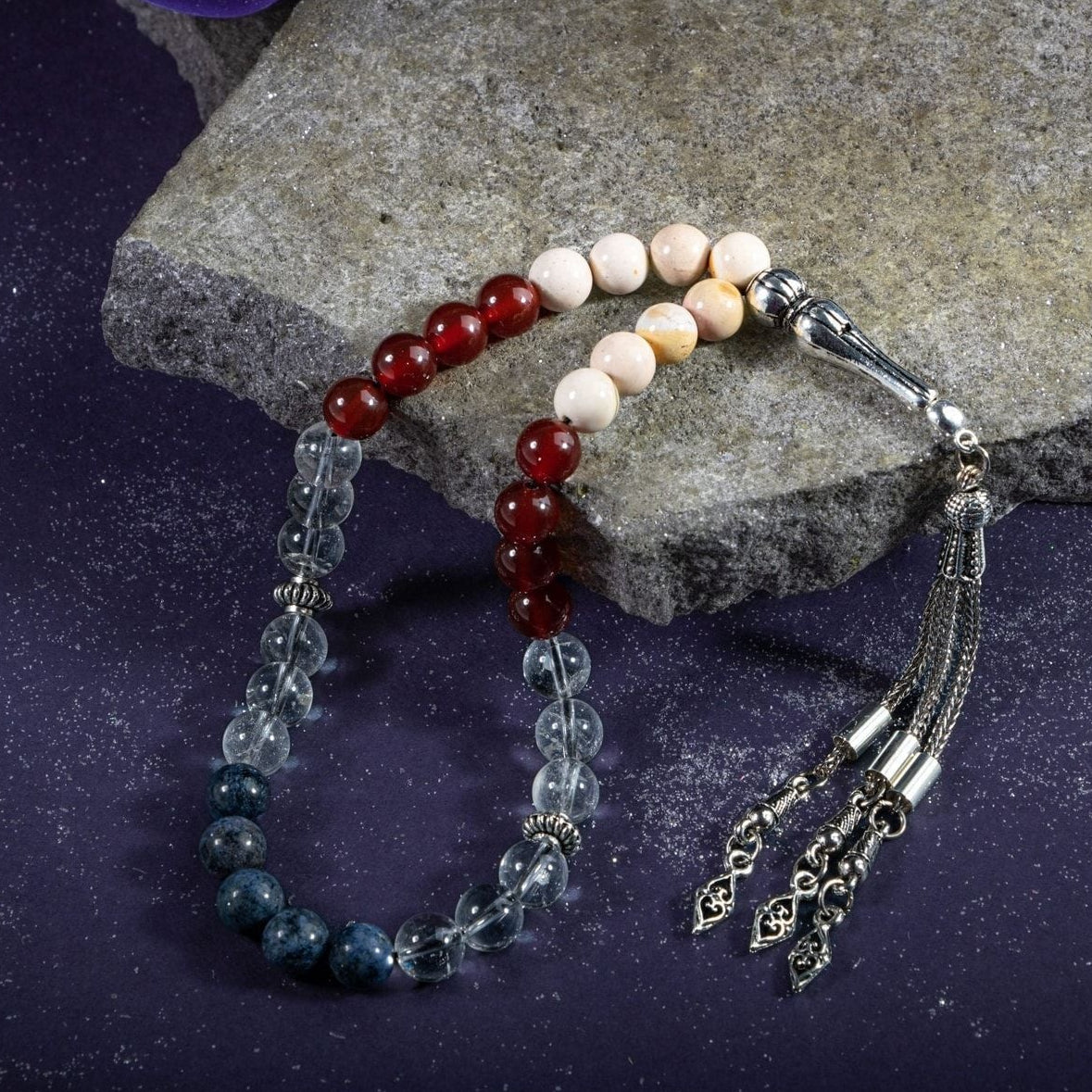 Oğlak Burcu Tesbih Dumortierit, Jasper, Kırmızı Akik, Kristal Kuvars
