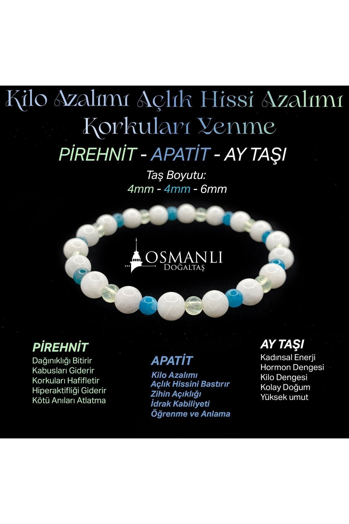 Zayıflama Açlık Bastırma Bilekliği - Ay Taşı - Prehnit - Apatit 4mm-6mm Orijinal Doğal Taş Bileklik