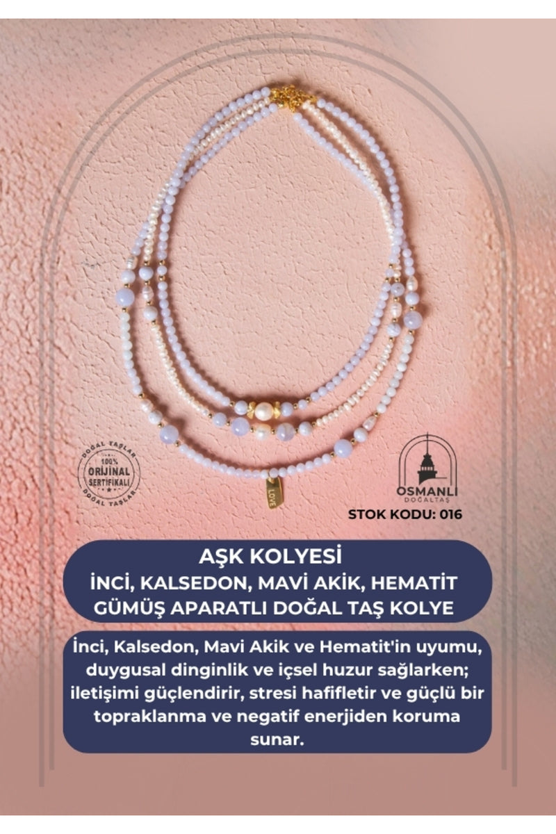 Sertifikalı Aşk Kolyesi  İnci, Kalsedon, Mavi Akik, Hematit Gümüş Aparatlı Doğal Taş Kolye (SK:016)