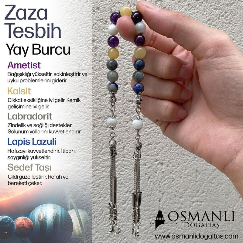 Yay Burcu Zaza Tesbih Doğal Taş Ametist, Kalsit, Labradorit, Lapis Lazuli, Sedef