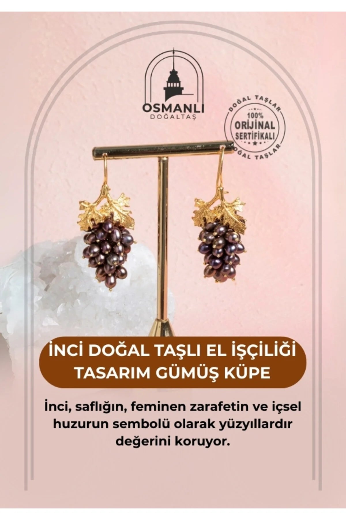 Sertifikalı İnci Doğal Taşlı El İşçiliği Tasarım Gümüş Küpe
