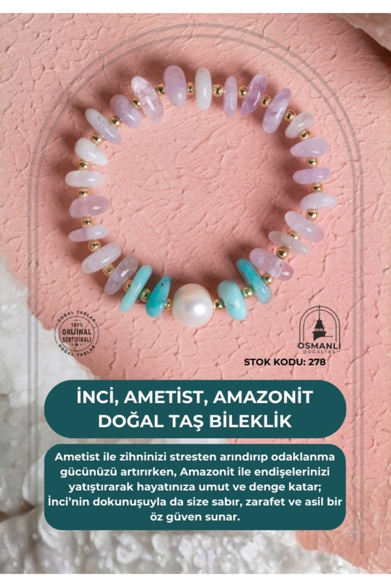 Sertifikalı İnci, Ametist, Amazonit Doğal Taş Bileklik (SK:278)