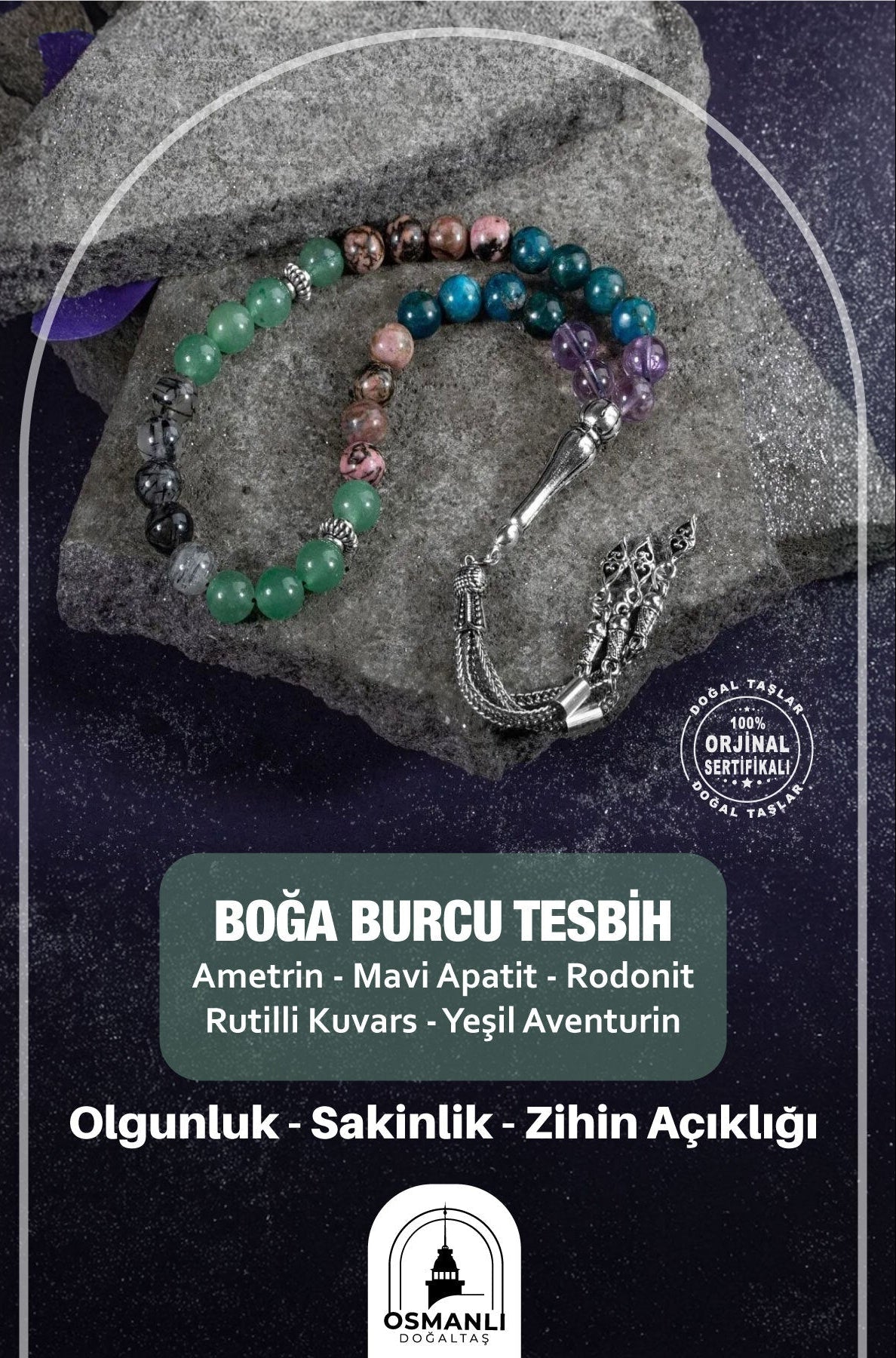 Boğa Burcu Tesbih Ametrin, Mavi Apatit, Rodonit, Rutilli Kuvars, Yeşil Aventurin