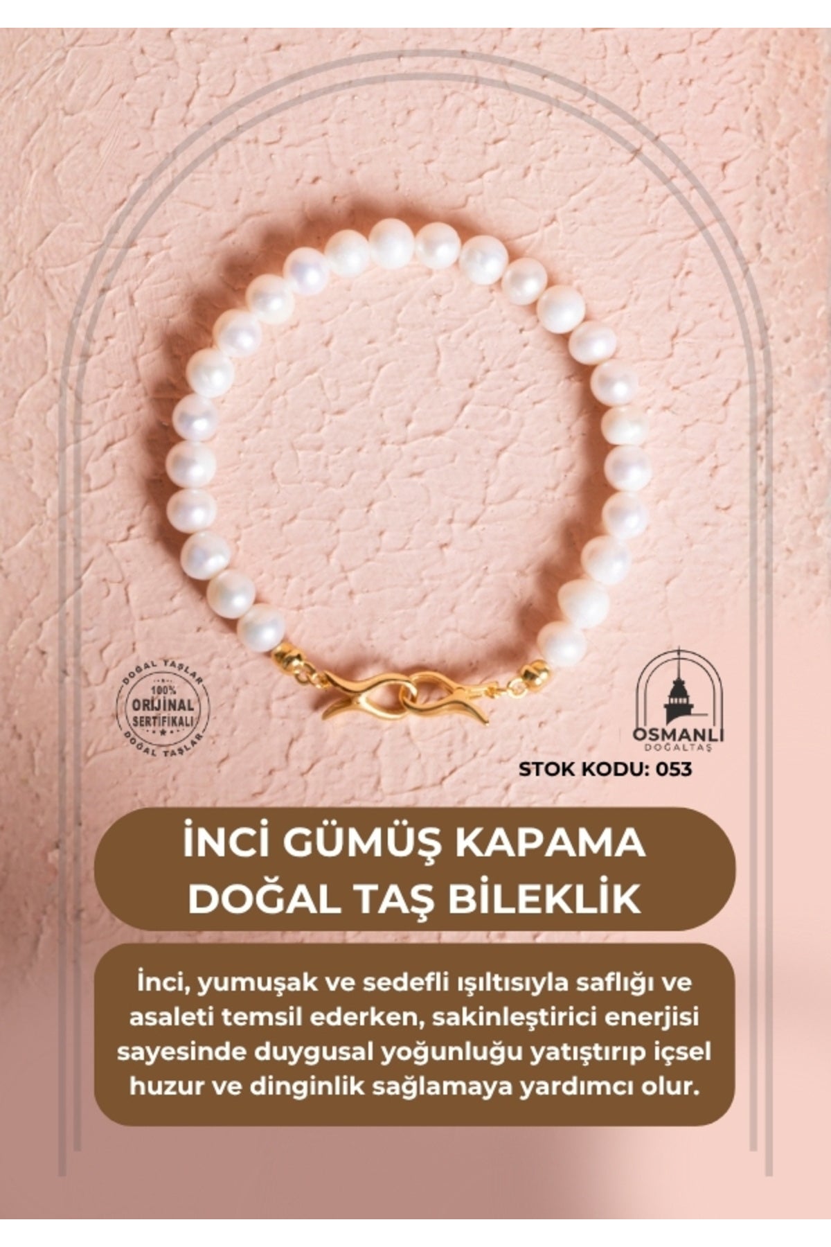 Sertifikalı İnci Gümüş Kapama Doğal Taş Bileklik (SK:053)