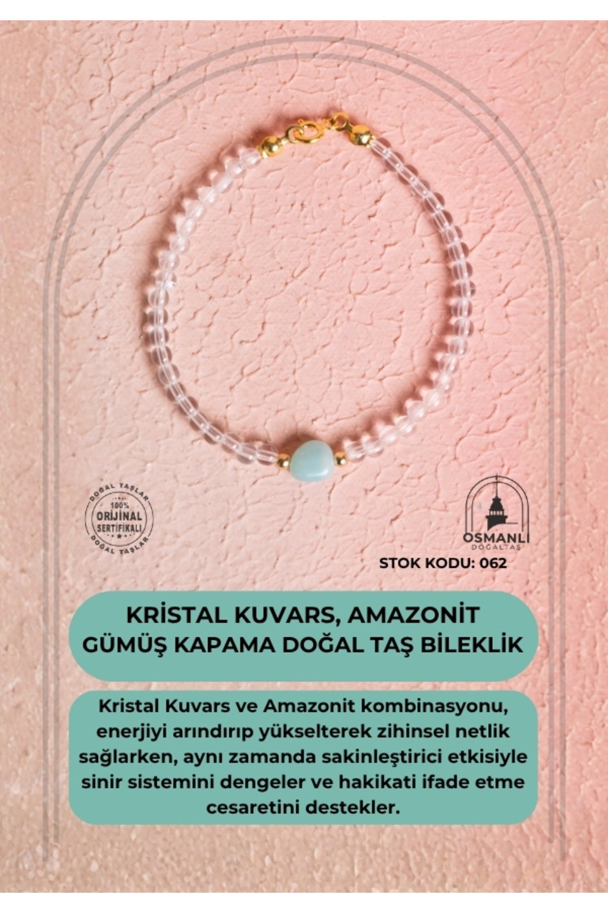 Sertifikalı Kristal Kuvars, Amazonit Gümüş Kapama Doğal Taş Bileklik (SK:062)