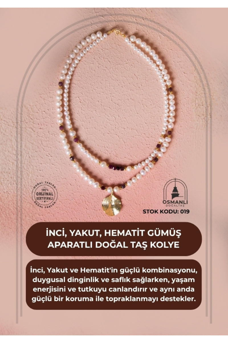 Sertifikalı İnci, Yakut, Hematit Gümüş Aparatlı Doğal Taş Kolye (SK:019)