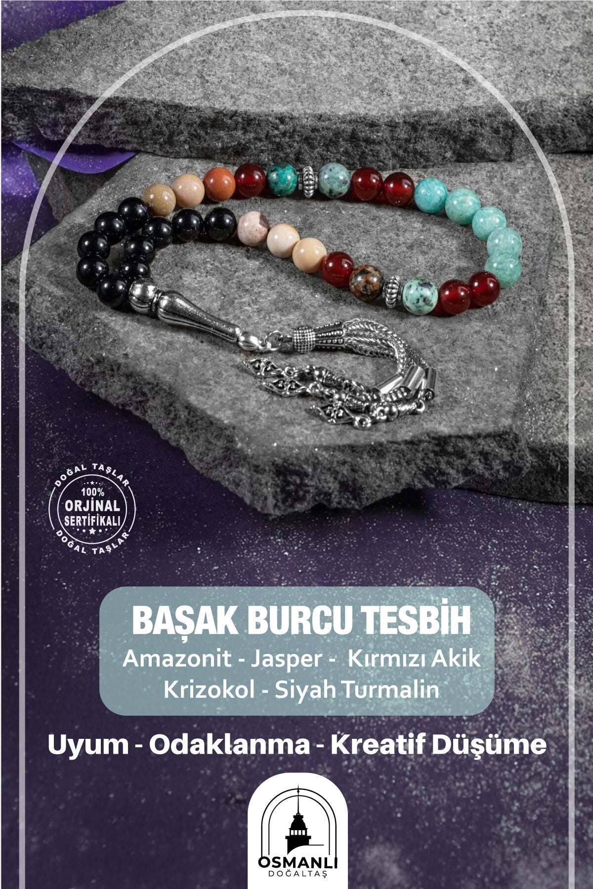 Başak Burcu Tesbih Amazonit, Jasper, Kırmızı Akik, Krizokol, Siyah Turmalin