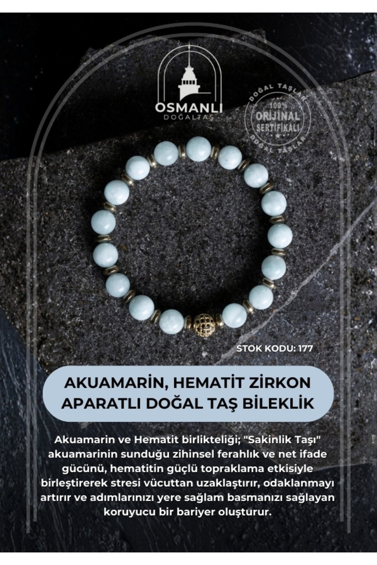 Sertifikalı Akuamarin, Hematit Zirkon Aparatlı Doğal Taş Bileklik (SK:177)