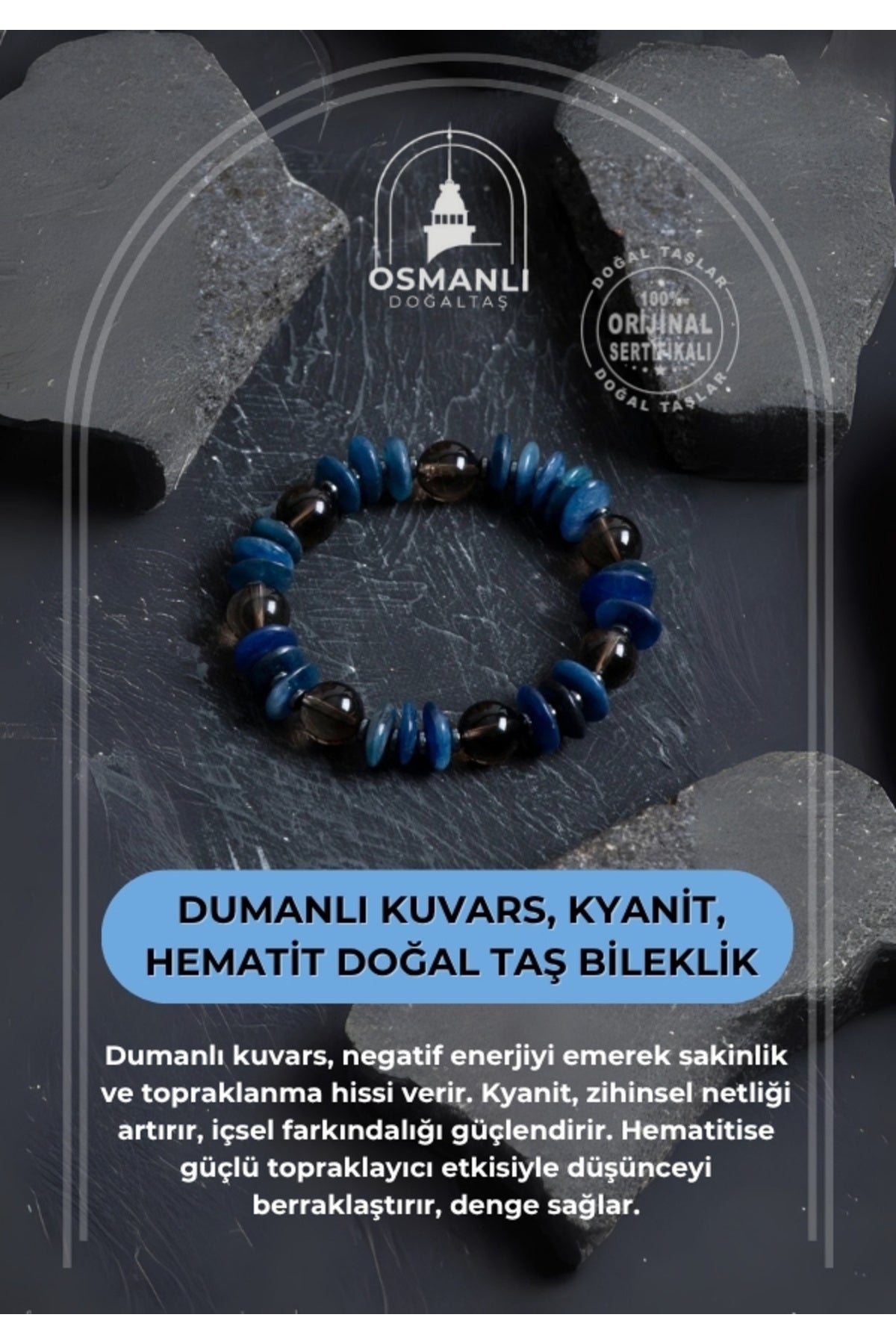 Sertifikalı Dumanlı Kuvars, Kyanit, Hematit Doğal Taş Bileklik