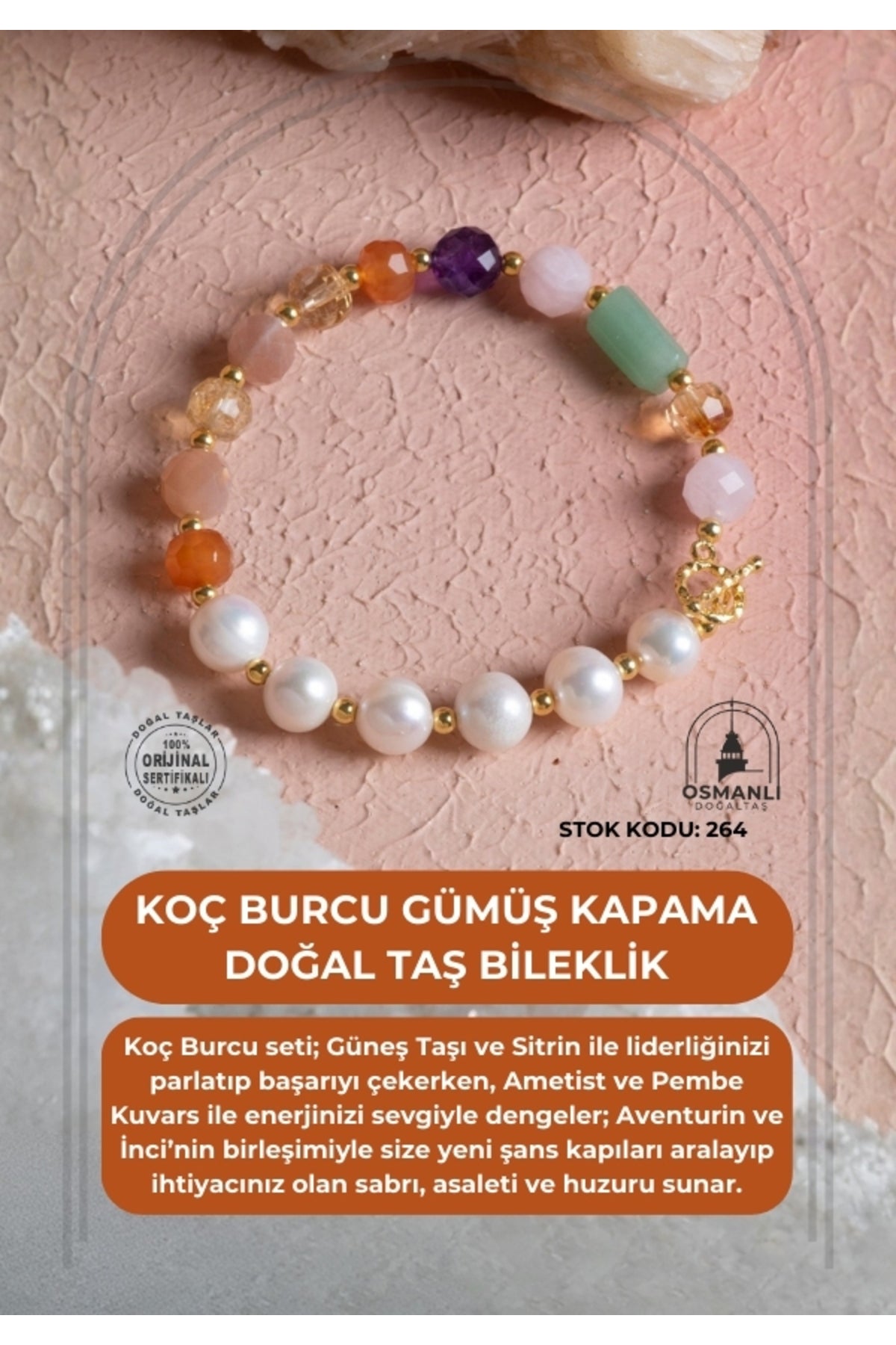 Sertifikalı Koç Burcu Gümüş Kapama Doğal Taş Bileklik (SK:264)