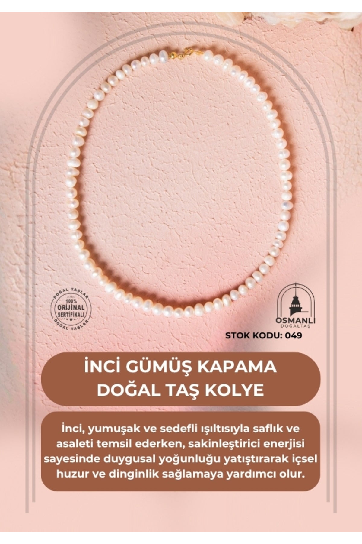 Sertifikalı İnci Gümüş Kapama Doğal Taş Kolye (SK:049)
