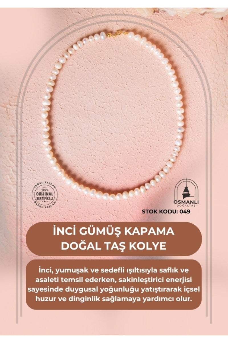 Sertifikalı İnci Gümüş Kapama Doğal Taş Kolye (SK:049)