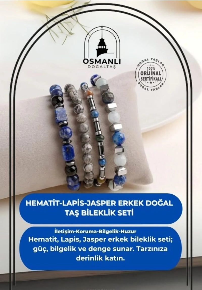 Hematit-Lapis-Jasper Erkek Doğal Taş Bileklik Seti