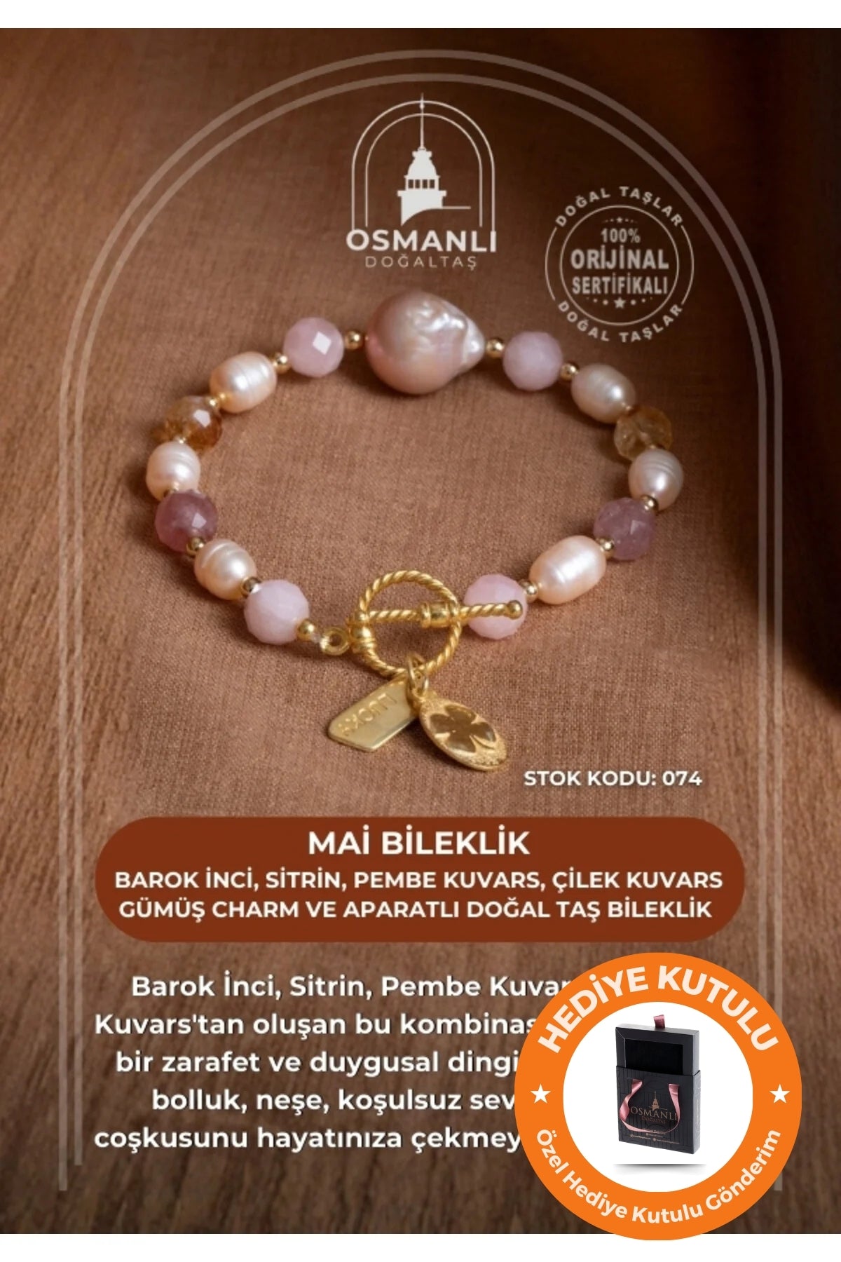 Sertifikalı Mai Bileklik-Barok İnci, Sitrin, Pembe Kuvars, Çilek Kuvars Gümüş Charm ve Aparatlı Doğal Taş Bileklik (SK:074)