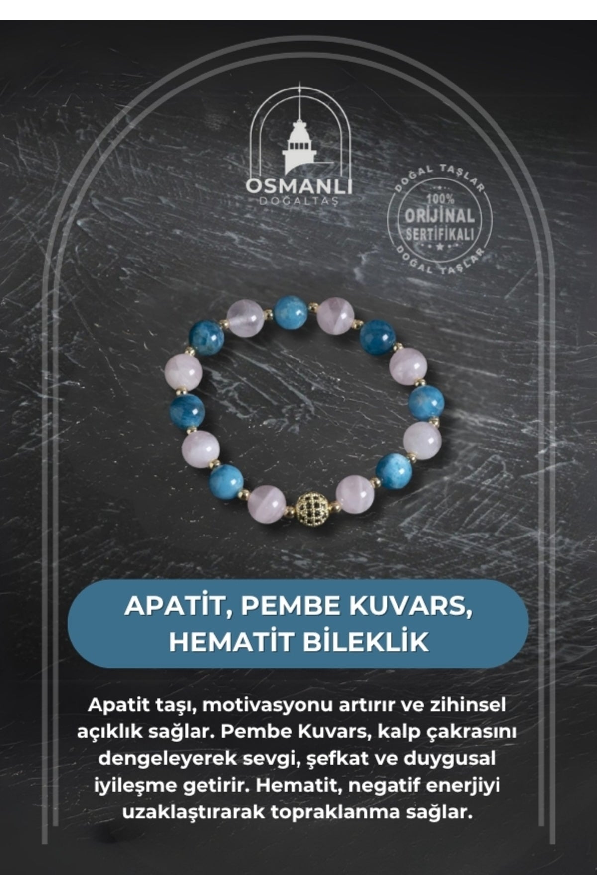 Sertifikalı Apatit, Pembe Kuvars ve Hematit Bileklik