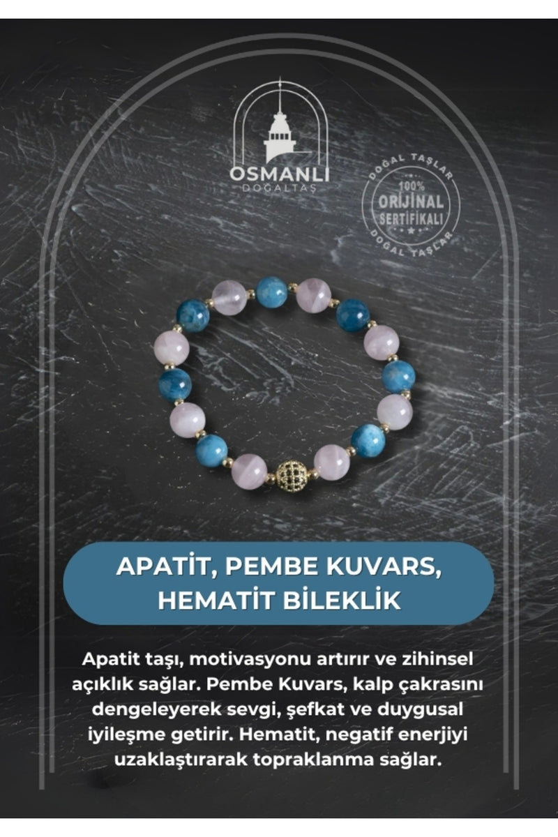 Sertifikalı Apatit, Pembe Kuvars ve Hematit Bileklik