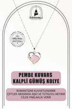 Pembe Kuvars Doğal Taş Kalpli Kolye, Gümüş Zincir