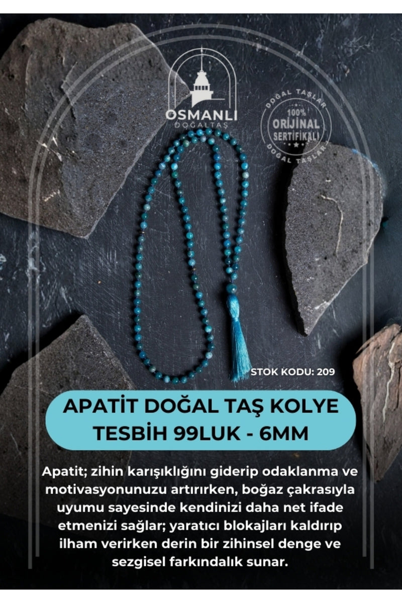 Sertifikalı Apatit Doğal Taş Kolye Tesbih 99luk - 6mm (SK:209)