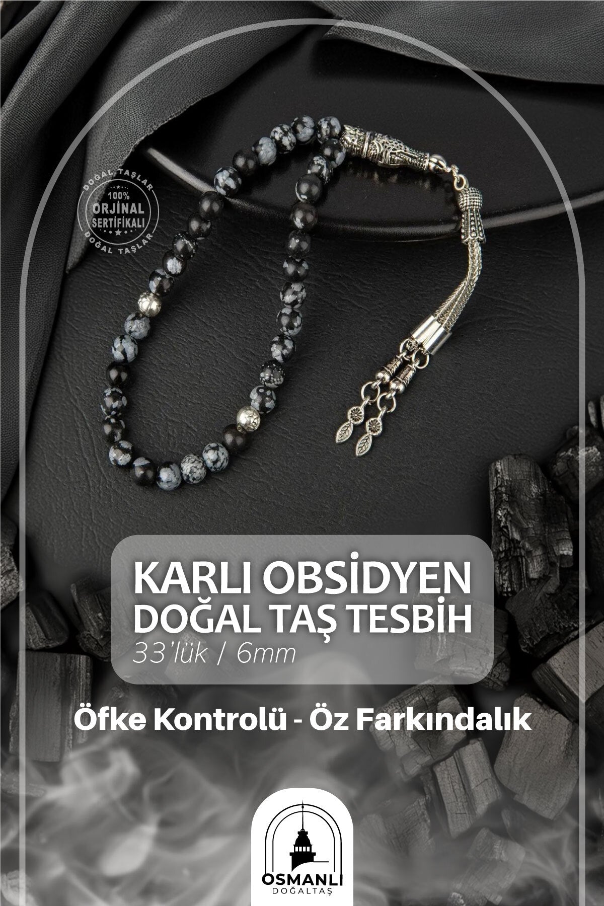 Karlı Obsidyen Doğal Taş Tesbih 33lük - 6mm