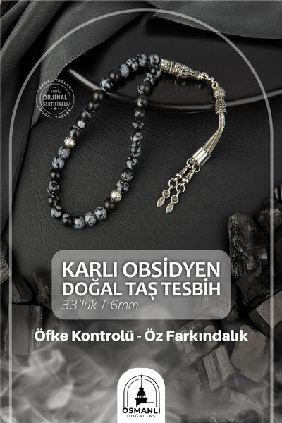 Karlı Obsidyen Doğal Taş Tesbih 33lük - 6mm
