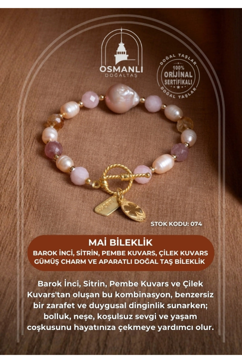 Sertifikalı Mai Bileklik-Barok İnci, Sitrin, Pembe Kuvars, Çilek Kuvars Gümüş Charm ve Aparatlı Doğal Taş Bileklik (SK:074)