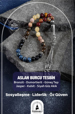 Aslan Burcu Tesbih Bronzit, Dumortierit, Güneş Taşı, Jasper, Kalsit, Siyah Göz Akik
