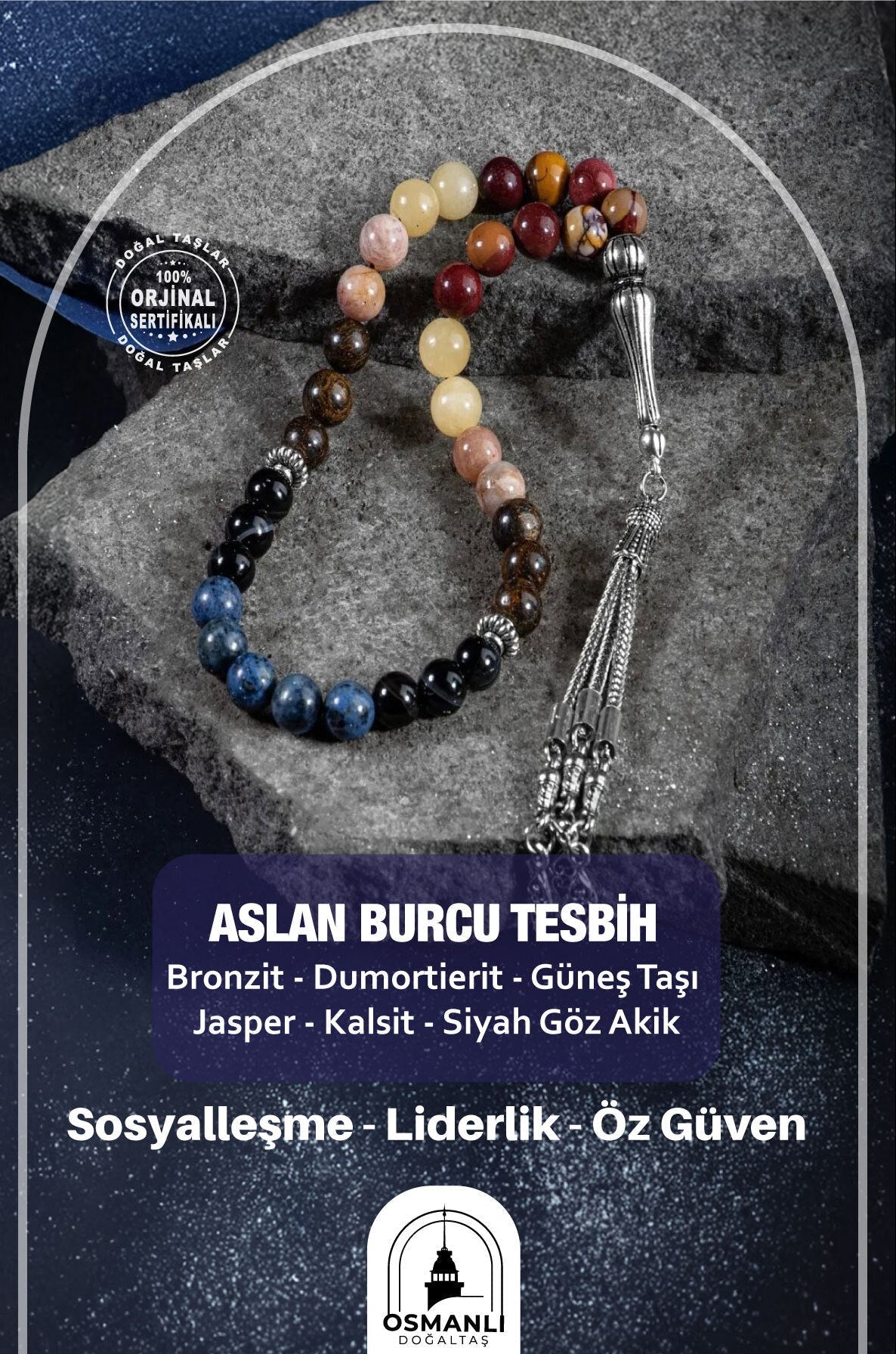 Aslan Burcu Tesbih Bronzit, Dumortierit, Güneş Taşı, Jasper, Kalsit, Siyah Göz Akik