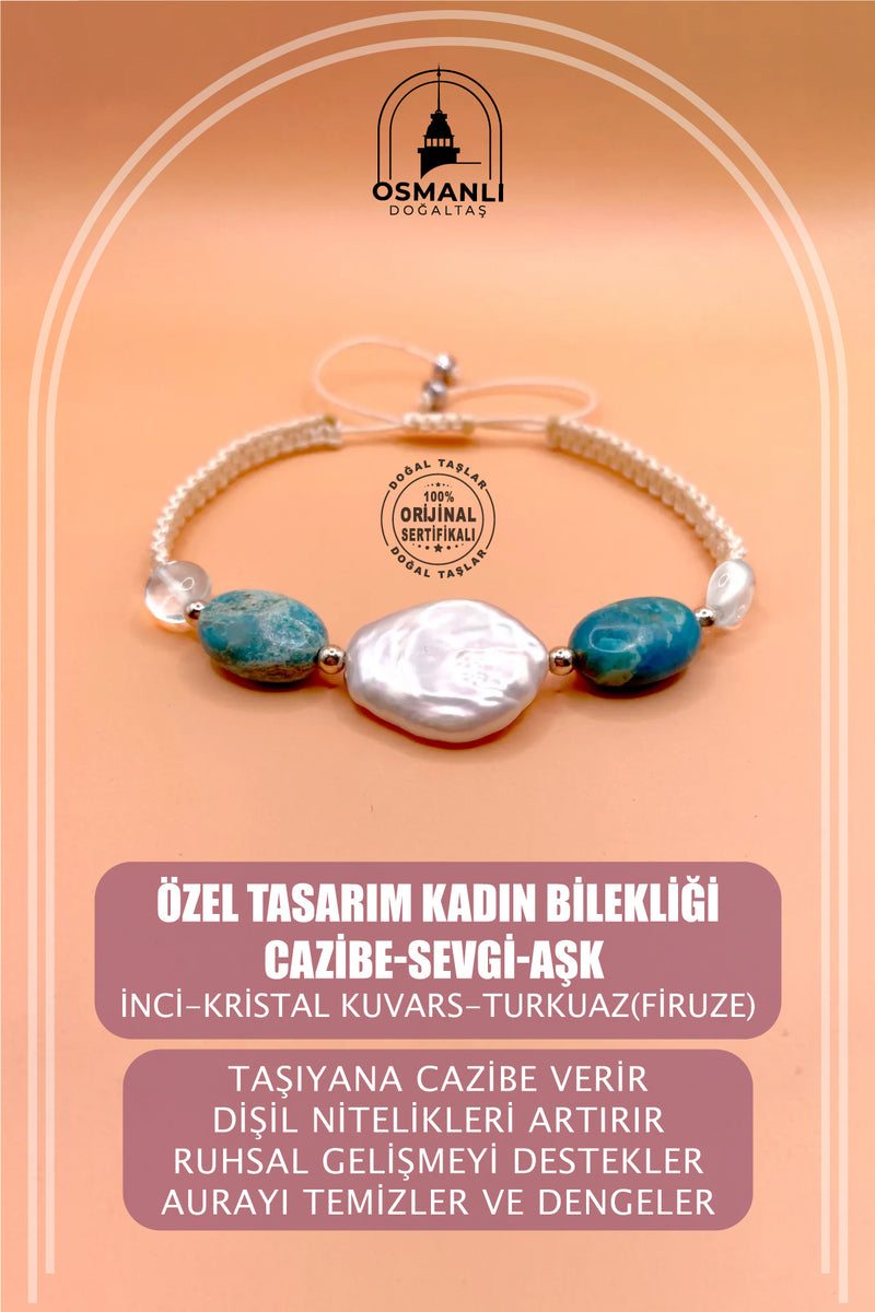 Özel Tasarım Kadın Bilekliği Cazibe-sevgi-aşk İnci-Kristal Kuvars-Turkuaz(FİRUZE)