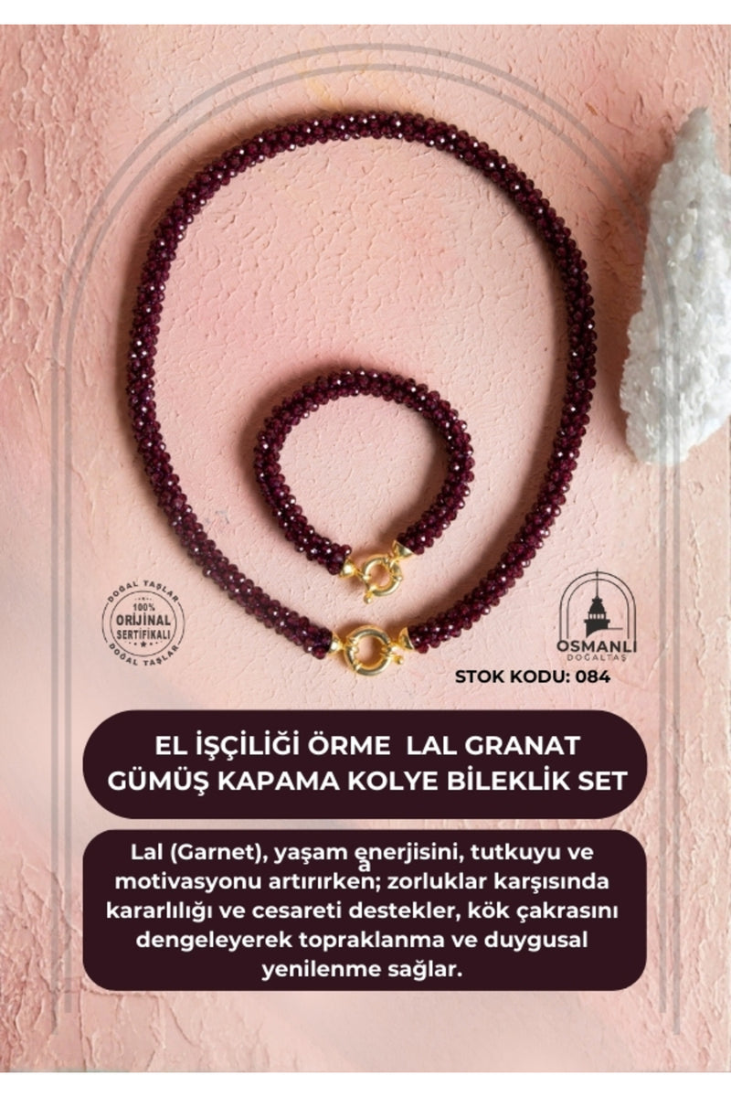 Sertifikalı El İşçiliği Örme Lal (Granat) Gümüş Kapama Kolye & Bileklik Seti (SK:084)