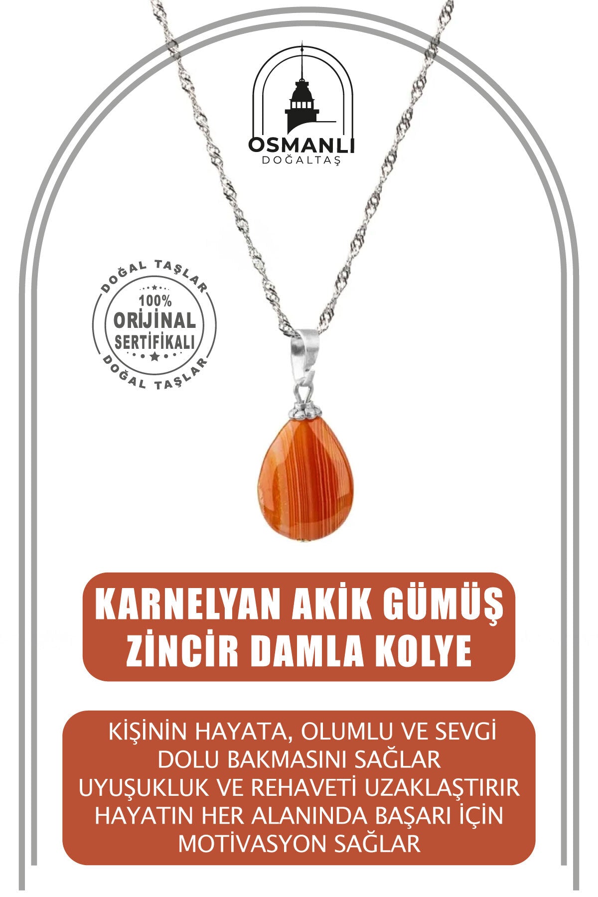 Karnelyan Akik Doğal Taş Gümüş Zincir Damla Kolye