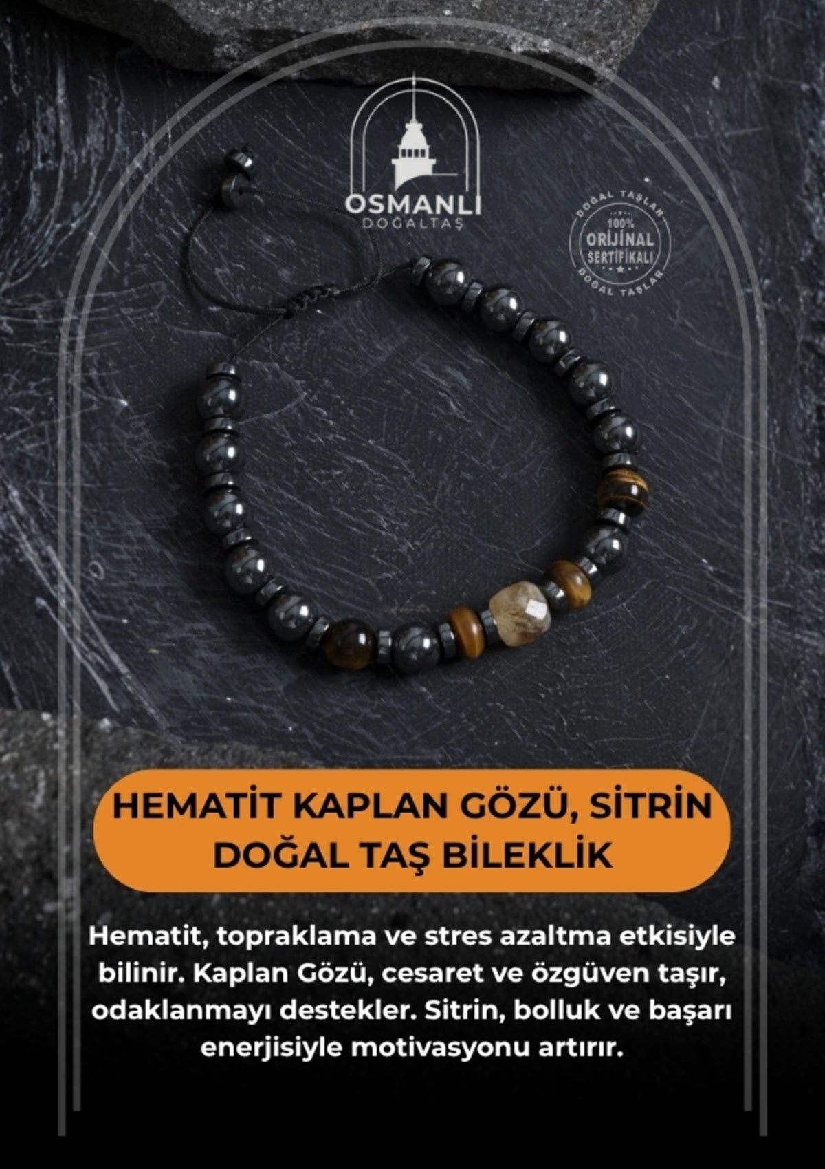 Sertifikalı Hematit Kaplan Gözü ve Sitrin Bileklik