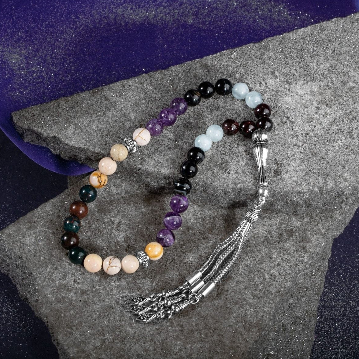 Koç Burcu Tesbih Akuamarin, Ametist, Bordo Granat Lal, Kan Taşı, Sarı Jasper, Siyah Göz Akik
