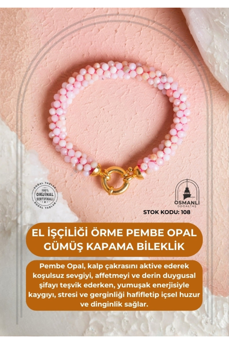 Sertifikalı El İşçiliği Örme Pembe Opal Gümüş Kapama Bileklik (SK:108)