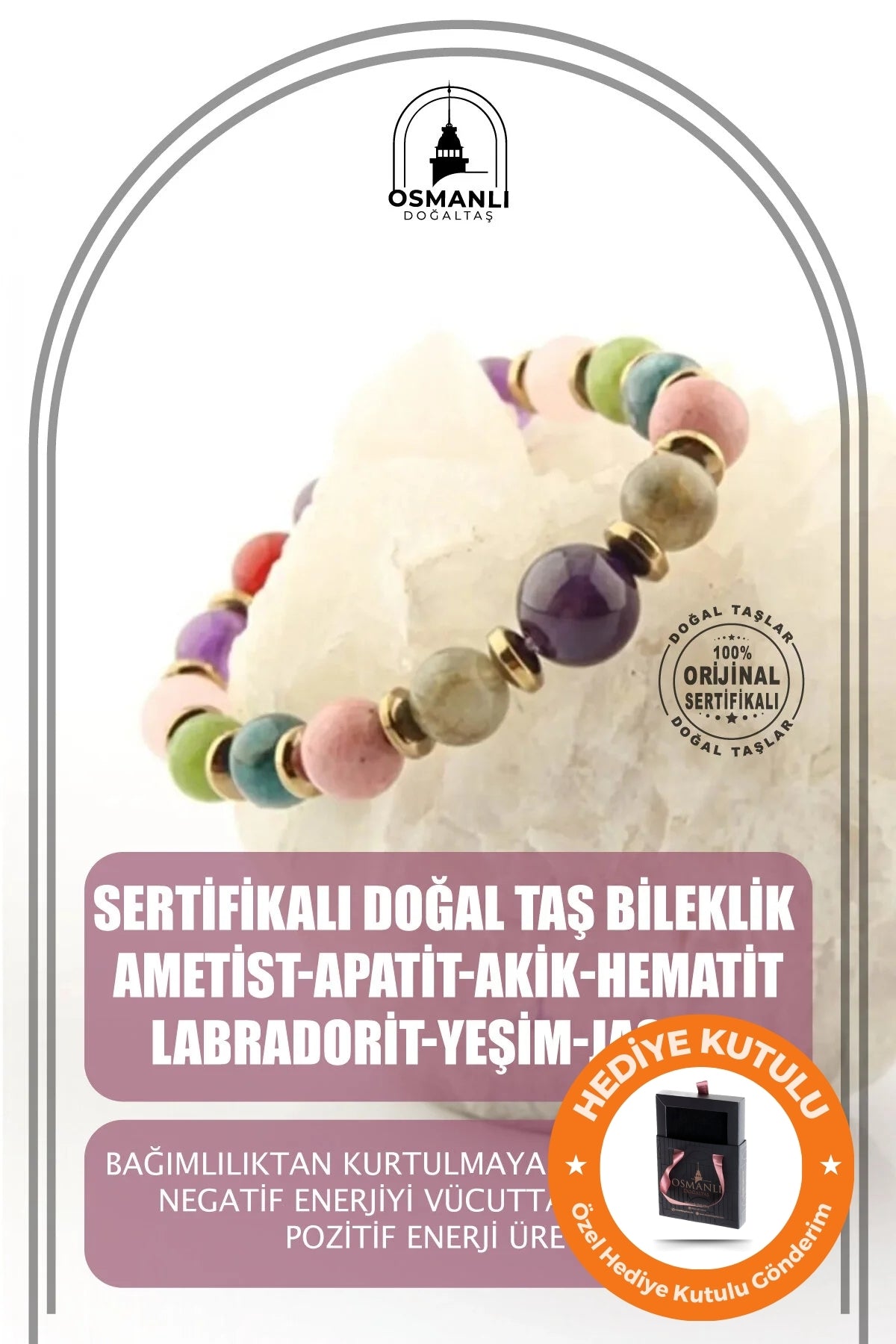 Kadın Gerçek Doğal Taş Ametist Apatit Akik Hematit Labradorit Yeşim Jasper Hediyelik Kutulu Bileklik