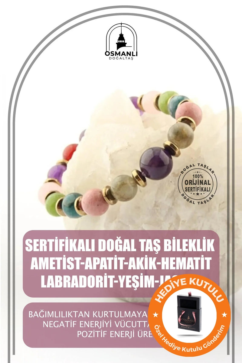 Kadın Gerçek Doğal Taş Ametist Apatit Akik Hematit Labradorit Yeşim Jasper Hediyelik Kutulu Bileklik