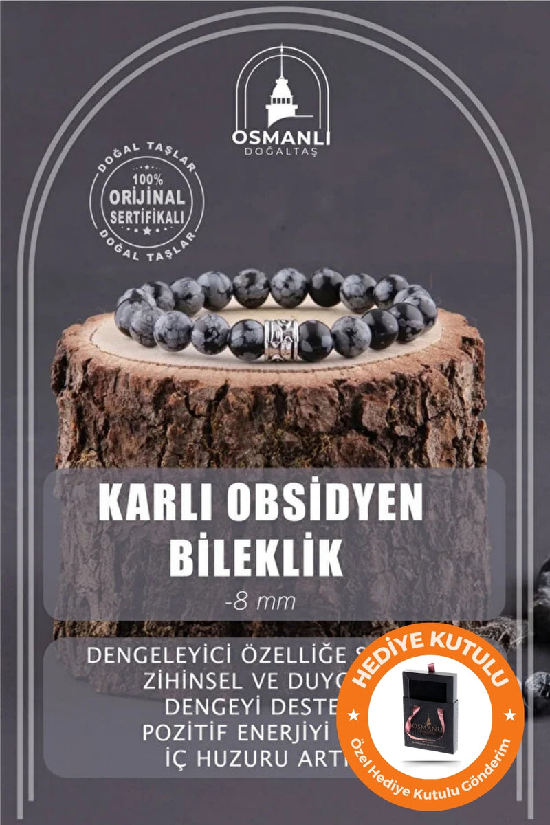 Orijinal & Sertifikalı Unisex Denge Huzur Pozitif Enerji Karlı Obsidyen Doğal Taş Bileklik 8 mm