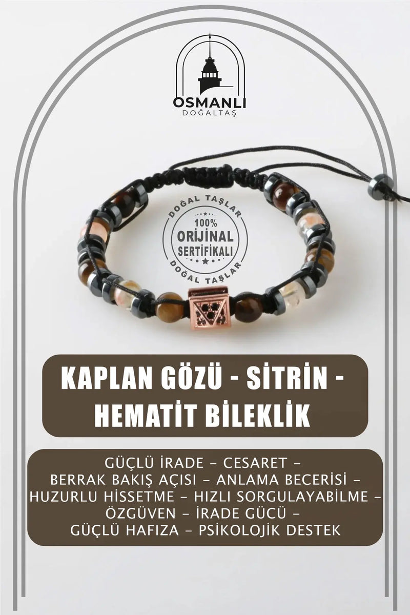 Erkek Bilekliği Kaplan Gözü-Sitrin-Hematit Doğal Taş Erkek Zirkon Bileklik