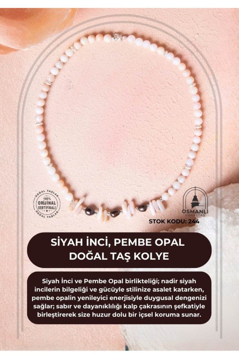 Sertifikalı Siyah İnci, Pembe Opal Doğal Taş Kolye (SK:244)