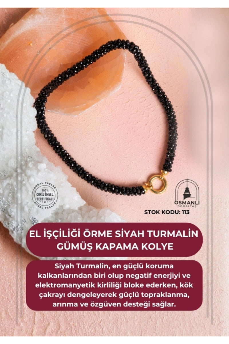 Sertifikalı El İşçiliği Örme Siyah Turmalin Kapama Kolye (SK:113)