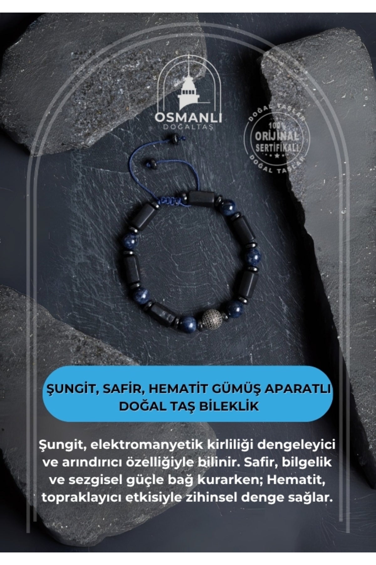 Sertifikalı Şungit, Safir Hematit Gümüş Aparatlı Doğal Taş Bileklik