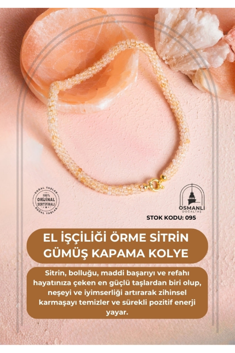 Sertifikalı El İşçiliği Örme Sitrin Gümüş Kapama Kolye (SK:095)