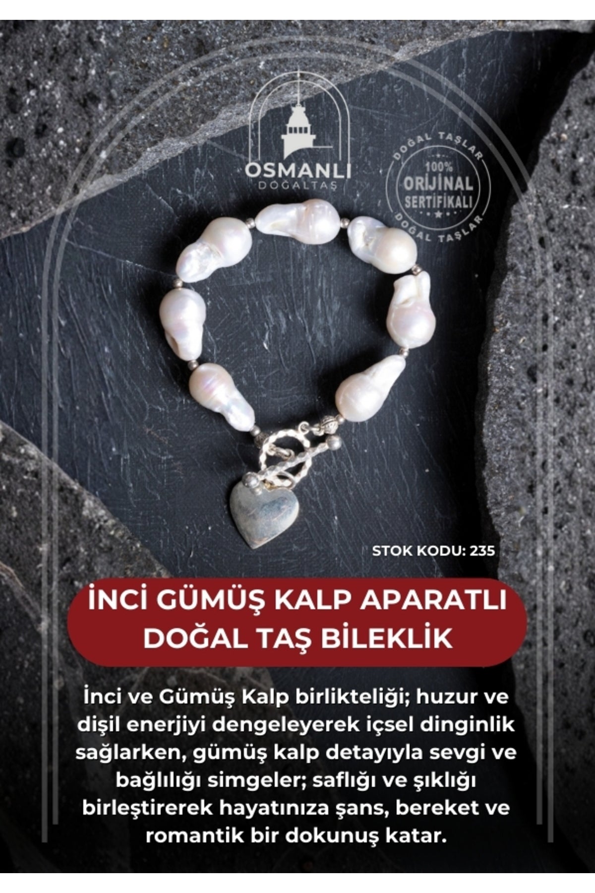 Sertifikalı İnci Gümüş Kalp Aparatlı Doğal Taş Bileklik (SK:235)