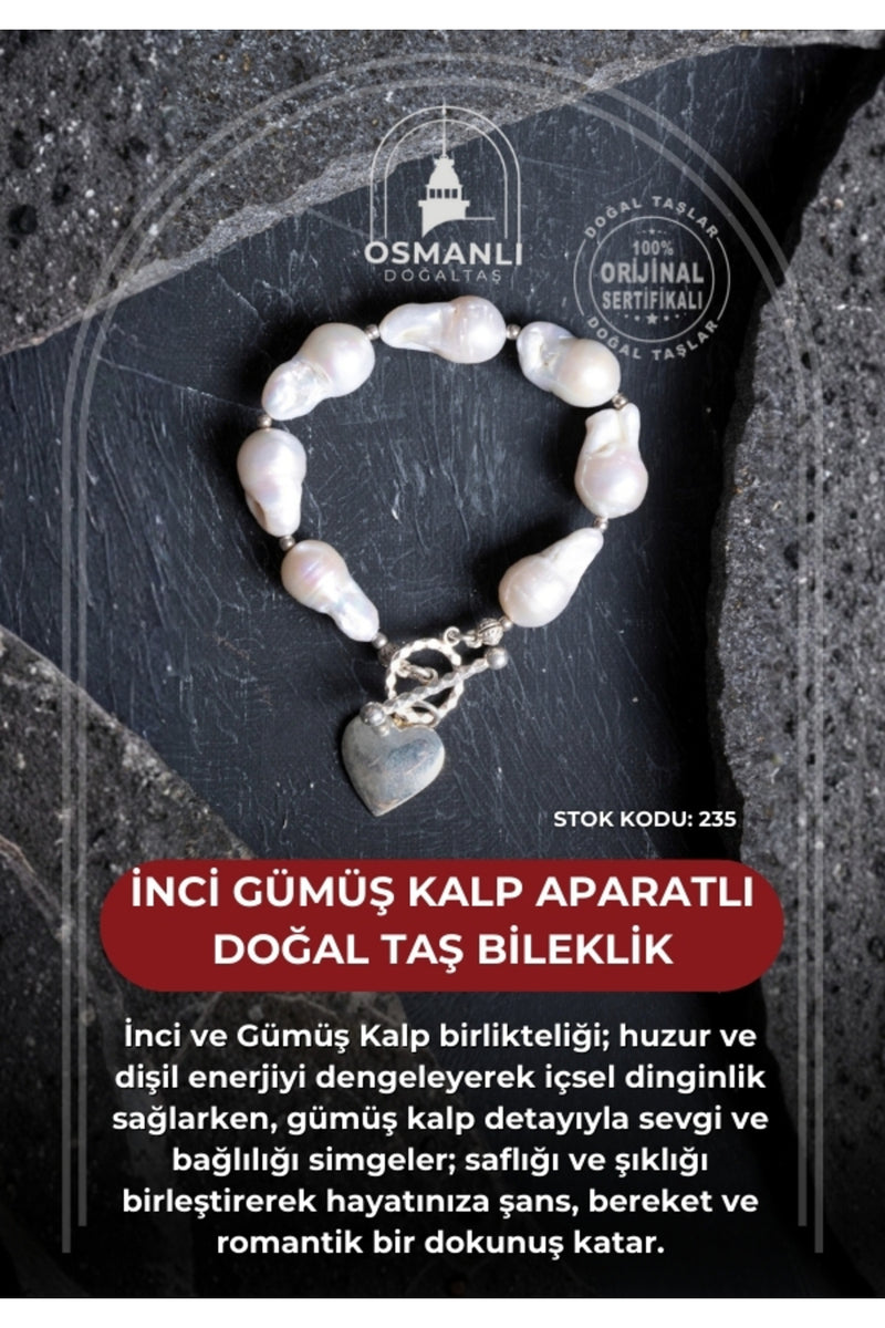 Sertifikalı İnci Gümüş Kalp Aparatlı Doğal Taş Bileklik (SK:235)