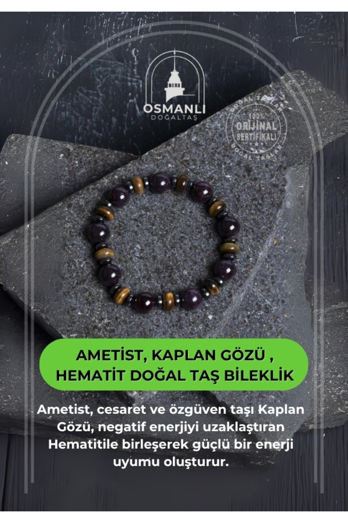 Sertifikalı Ametist, Kaplan Gözü , Hematit Doğal Taş Bileklik