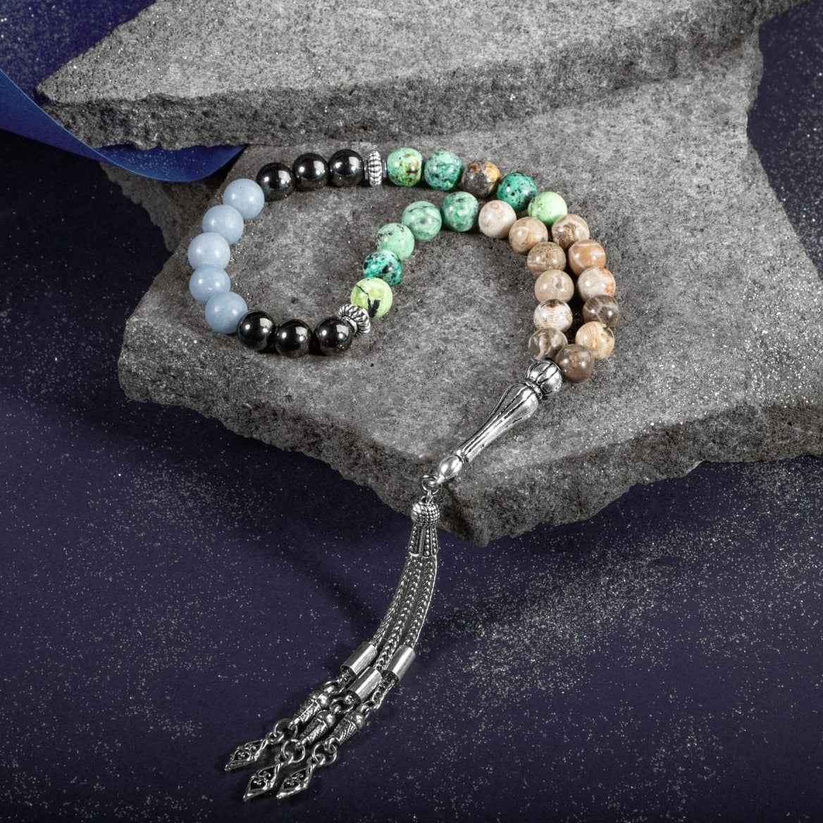 Kova Burcu Tesbih Anjelit, Fosil Mercan, Hematit, Krizokol